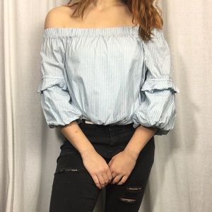 Blue and white striped off the shoulder shirt